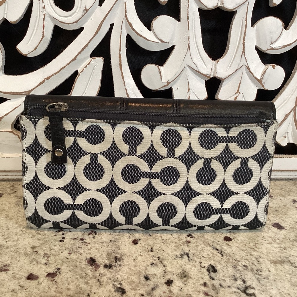 Coach Signature Black Leather Canvas Turn lock Checkbook Wallet - Picture 2 of 9